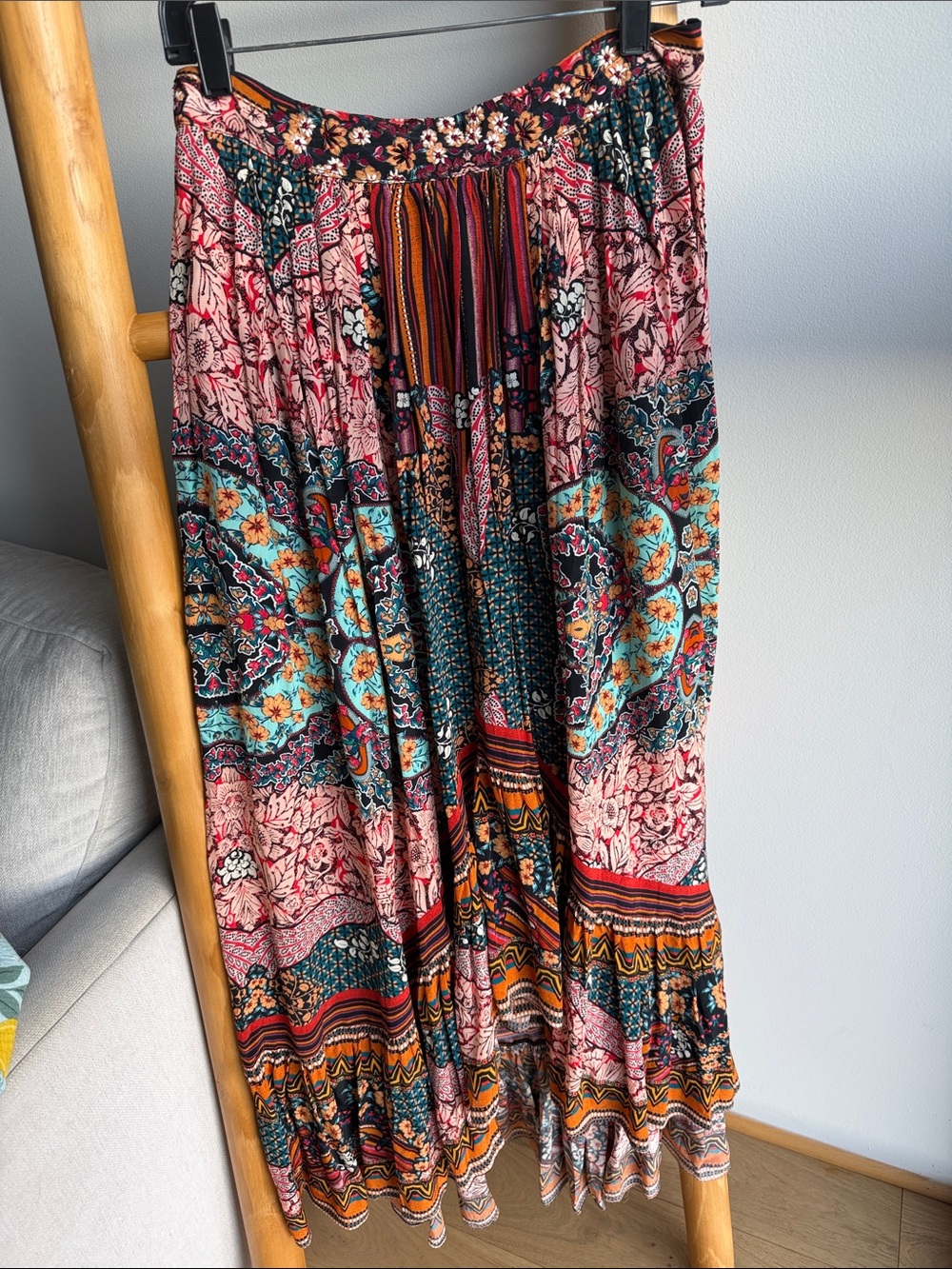 Bohemian Floral Patchwork Maxi Skirt in Teal & Pink